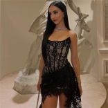 Black Off Shoulder Lace Hollow Out Sexy Party Mini Dress