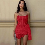 Red Off Shoulder Lace Hollow Out Sexy Party Mini Dress