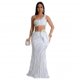 White Off Shoulder Sequins Sexy Crop Tops Bodycon Mesh Two Pieces Maxi Dress