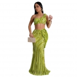 Green Off Shoulder Sequins Sexy Crop Tops Bodycon Mesh Two Pieces Maxi Dress