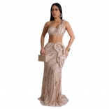Gold Off Shoulder Sequins Sexy Crop Tops Bodycon Mesh Two Pieces Maxi Dress