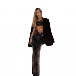 Black Off Shoulder Diamonds Crop Tops Bodycon Sexy Evening Club Dress