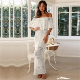 White Women's Knit Casual Hollow-out Strap Cape Elegant Formal Long Skirt Dress