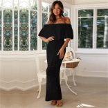 Black Women's Knit Casual Hollow-out Strap Cape Elegant Formal Long Skirt Dress