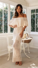 Beige Women's Knit Casual Hollow-out Strap Cape Elegant Formal Long Skirt Dress
