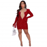 Red Long Sleeve Deep V-Neck Sequins Evening Party Diamonds Bodycon Mini Dress