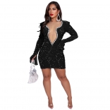 Black Long Sleeve Deep V-Neck Sequins Evening Party Diamonds Bodycon Mini Dress