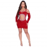 Red Long Sleeve Elegant Hollow Out Diamonds Sexy Sequins Party Dress