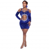 Blue Long Sleeve Elegant Hollow Out Diamonds Sexy Sequins Party Dress