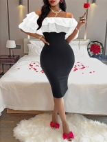 White Off Shoulder Mesh Ruffles Pleated Bodycon Women Midi Dress