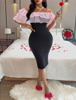 Pink Off Shoulder Mesh Ruffles Pleated Bodycon Women Midi Dress