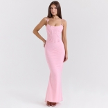 Pink Adjustable Straps Low Cut Butterfly Flower Pleated Elegant Evening Women Prom Maxi Dress