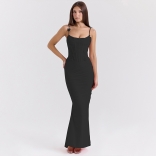 Black Adjustable Straps Low Cut Butterfly Flower Pleated Elegant Evening Women Prom Maxi Dress