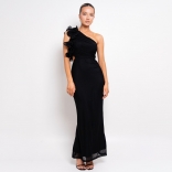 Black Off Shoulder Lace Mesh Flowers Cut Out Sexy Evening Party Elegant Maxi Dress