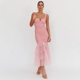 Pink White Straps Boat Neck Mesh pleated Ruffles Sexy Women Party Long Dress