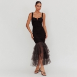 Black Straps Boat Neck Mesh pleated Ruffles Sexy Women Party Long Dress