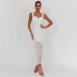 White Straps Boat Neck Mesh pleated Ruffles Sexy Women Party Long Dress