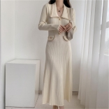 Apricot Knitted Long Sleeve Button Elegant Women's Pleated Bodycon Waist A-Line Maxi Dress
