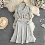 Gray Knitted Long Sleeve Button Elegant Women's Pleated Bodycon Waist A-Line Maxi Dress
