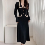 Black Knitted Long Sleeve Button Elegant Women's Pleated Bodycon Waist A-Line Maxi Dress