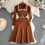 Brown Knitted Long Sleeve Button Elegant Women's Pleated Bodycon Waist A-Line Maxi Dress