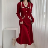 Red Knitted Long Sleeve Button Elegant Women's Pleated Bodycon Waist A-Line Maxi Dress