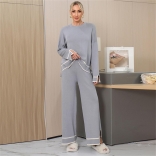 Gray Women's Casual Long Sleeve Knitted Loose Fashion Two Pieces Wide Leg Long Pant Sets