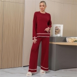 Red Women's Casual Long Sleeve Knitted Loose Fashion Two Pieces Wide Leg Long Pant Sets