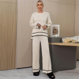 Apricot Women's Casual Long Sleeve Knitted Loose Fashion Two Pieces Wide Leg Long Pant Sets