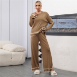 Camel Women's Casual Long Sleeve Knitted Loose Fashion Two Pieces Wide Leg Long Pant Sets