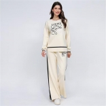 Apricot Women O-Neck Knitted LOEWE Loose Fashion Two Pieces Casual Pant Sets