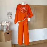 Orange Women O-Neck Knitted LOEWE Loose Fashion Two Pieces Casual Pant Sets