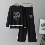 Black Women O-Neck Knitted LOEWE Loose Fashion Two Pieces Casual Pant Sets