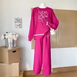 Rose Red Women O-Neck Knitted LOEWE Loose Fashion Two Pieces Casual Pant Sets
