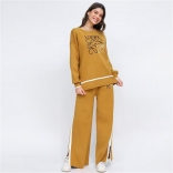 Camel Women O-Neck Knitted LOEWE Loose Fashion Two Pieces Casual Pant Sets