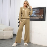 Yellow Black Long Sleeve POLO Knitted Two Pieces Slim Fit Wide Leg Women Fashion Pant Sets