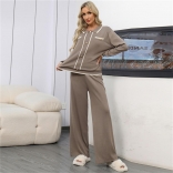 Brown Long Sleeve POLO Knitted Two Pieces Slim Fit Wide Leg Women Fashion Pant Sets