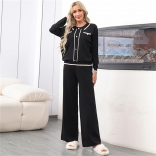 Black Long Sleeve POLO Knitted Two Pieces Slim Fit Wide Leg Women Fashion Pant Sets