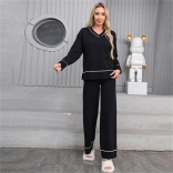 Black Women Long Sleeve V Neck Knitted Two Pieces Sweaters Casual Pant Sets