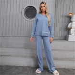 Blue Women Long Sleeve V Neck Knitted Two Pieces Sweaters Casual Pant Sets