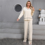 Apricot Women Long Sleeve V Neck Knitted Two Pieces Sweaters Casual Pant Sets