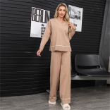 Camel Women Long Sleeve V Neck Knitted Two Pieces Sweaters Casual Pant Sets