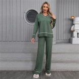 Green Women Long Sleeve V Neck Knitted Two Pieces Sweaters Casual Pant Sets