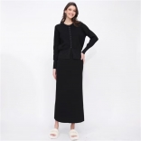 Black Long Sleeve Button Pullover Knit Bodycon Two Pieces Office Formal Midi Dress