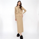 Khaki Long Sleeve Button Pullover Knit Bodycon Two Pieces Office Formal Midi Dress