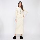 Apricot Long Sleeve Button Pullover Knit Bodycon Two Pieces Office Formal Midi Dress