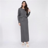 Gray Long Sleeve Button Pullover Knit Bodycon Two Pieces Office Formal Midi Dress