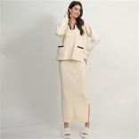 Apricot Long Sleeve Knitted Pullover Two Pieces Fashion Slim Formal Skirt Dress