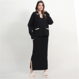 Black Long Sleeve Button Pullover Knit Bodycon Two Pieces Office Formal Midi Dress