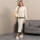 Apricot Long Sleeve Patchwork Knitted Two Pieces Women Fashion Outfits Skirt Sets